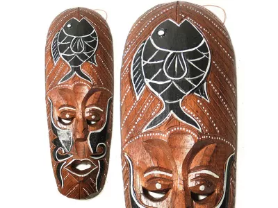 Rzeźba Maska z Drewna Etniczna z Rybą 50cm Rękodzieło Orient